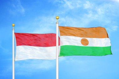 Endonezya ve Nijer bayrak direkleri ve mavi bulutlu arka planda iki bayrak