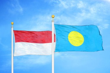 Endonezya ve Palau bayrak direkleri ve mavi bulutlu arka planda iki bayrak