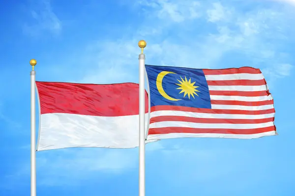 Indonésia Malásia Duas Bandeiras Postes Bandeira Azul Céu Nublado Fundo — Fotografia de Stock