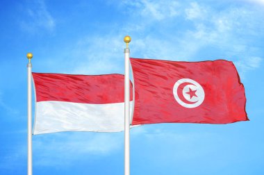 Endonezya ve Tunus bayrak direkleri üzerinde iki bayrak ve mavi bulutlu arka plan