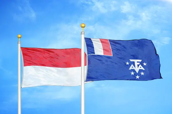 Indonesia Francia Terre Australi Antartiche Due Bandiere Pennoni Sfondo Cielo — Foto Stock