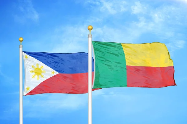 Philippines Benin Two Flags Flagpoles Blue Cloudy Sky Background — Stock Photo, Image