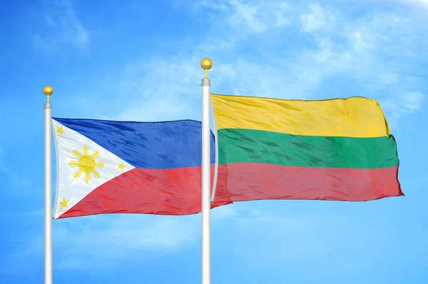 Philippines Lithuania Two Flags Flagpoles Blue Cloudy Sky Background — Stock Photo, Image