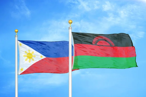 Philippines Malawi Two Flags Flagpoles Blue Cloudy Sky Background — Stock Photo, Image