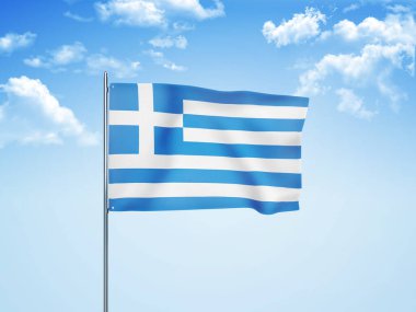 Yunanistan bayrağı bulutlu gökyüzünde dalgalanıyor 3D illüstrasyon