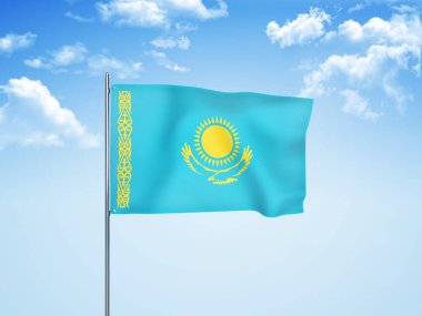 Bulutlu gökyüzünde dalgalanan Kazakistan bayrağı 3 boyutlu illüstrasyon