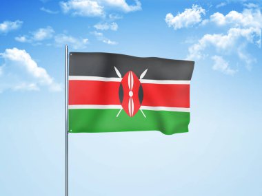 Kenya bayrağı bulutlu gökyüzünde dalgalanıyor 3D illüstrasyon