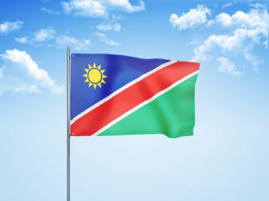 Bulutlu gökyüzünde sallanan Namibya bayrağı 3 boyutlu illüstrasyon