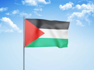 Bulutlu gökyüzünde dalgalanan Filistin bayrağı 3 boyutlu illüstrasyon