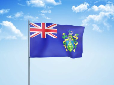 Pitcairn Adaları bayrağı bulutlu gökyüzünde dalgalanıyor 3D illüstrasyon