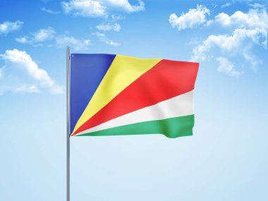 Seyşeller bayrağı 3 boyutlu bulutlu gökyüzünde dalgalanıyor.