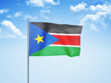 Güney Sudan bayrağı 3 boyutlu bulutlu gökyüzünde dalgalanıyor.