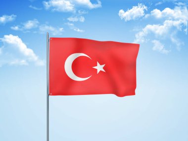 Bulutlu gökyüzünde dalgalanan Türkiye bayrağı 3 boyutlu illüstrasyon