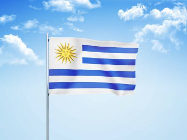 Bulutlu gökyüzünde dalgalanan Uruguay bayrağı 3 boyutlu illüstrasyon