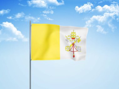 Vatikan bayrağı üç boyutlu bulutlu gökyüzünde dalgalanıyor.