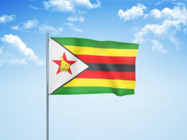 Bulutlu gökyüzünde dalgalanan Zimbabwe bayrağı 3 boyutlu illüstrasyon