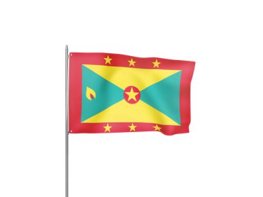 Beyaz arkaplanda dalgalanan Grenada bayrağı izole edilmiş üç boyutlu illüstrasyon