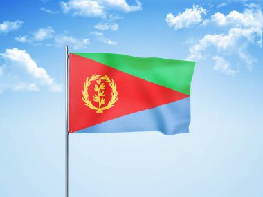 Bulutlu gökyüzünde dalgalanan Eritre bayrağı 3 boyutlu illüstrasyon