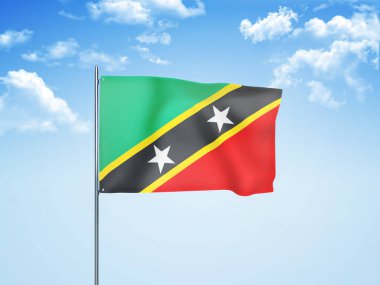 Saint Kitts ve Nevis bayrağı bulutlu gökyüzünde dalgalanan 3D illüstrasyon