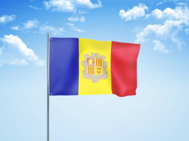 Bulutlu gökyüzünde dalgalanan Andorra bayrağı 3 boyutlu illüstrasyon