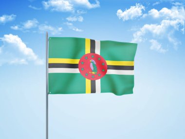 Bulutlu gökyüzünde sallanan Dominika bayrağı 3 boyutlu illüstrasyon