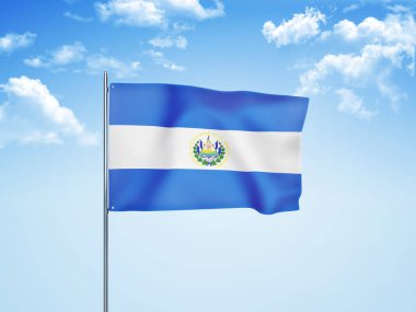 El Salvador bayrağı 3 boyutlu bulutlu gökyüzünde dalgalanıyor.