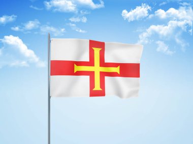 Guernsey bayrağı 3 boyutlu bulutlu gökyüzünde dalgalanıyor.