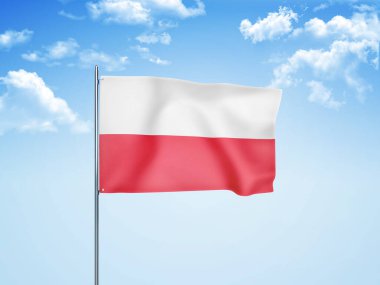 Polonya bayrağı bulutlu gökyüzünde dalgalanıyor 3D illüstrasyon