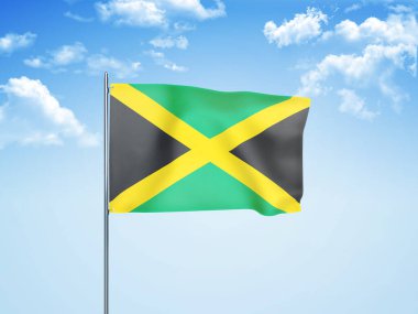 Bulutlu gökyüzünde sallanan Jamaika bayrağı 3 boyutlu illüstrasyon