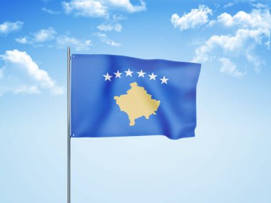 Bulutlu gökyüzünde dalgalanan Kosova bayrağı 3D illüstrasyon