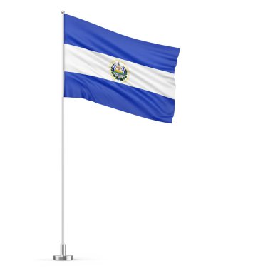 Bayrak direğinde El Salvador bayrağı. Beyaz arka plan 3 boyutlu izole edilmiş.