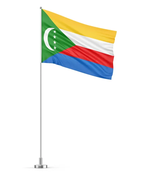 悬挂在旗杆白色背景上的科摩罗国旗 — 图库照片