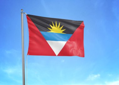 Antigua ve Barbuda bayrağı bulutlu gökyüzünde dalgalanıyor.