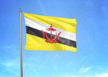 Brunei Darussalam bayrağı 3 boyutlu bulutlu gökyüzünde dalgalanıyor.