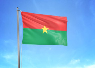 Burkina Faso bayrağı üç boyutlu bulutlu gökyüzünde dalgalanıyor.