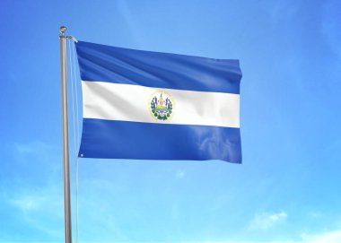 El Salvador bayrağı 3 boyutlu bulutlu gökyüzünde dalgalanıyor.
