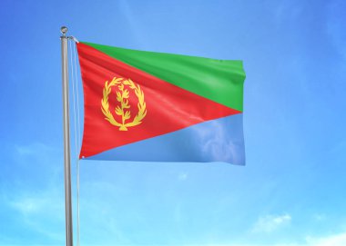 Bulutlu gökyüzünde dalgalanan Eritre bayrağı 3 boyutlu illüstrasyon