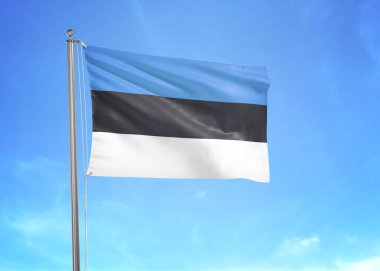 Bulutlu gökyüzünde sallanan Estonya bayrağı 3 boyutlu illüstrasyon