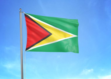 Bulutlu gökyüzünde sallanan Guyana bayrağı 3 boyutlu illüstrasyon