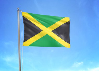 Bulutlu gökyüzünde sallanan Jamaika bayrağı 3 boyutlu illüstrasyon