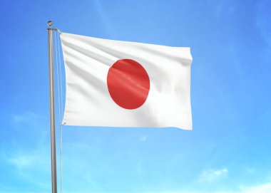 Bulutlu gökyüzünde dalgalanan Japonya bayrağı 3 boyutlu illüstrasyon