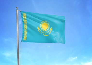 Bulutlu gökyüzünde dalgalanan Kazakistan bayrağı 3 boyutlu illüstrasyon