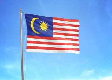 Bulutlu gökyüzünde dalgalanan Malezya bayrağı 3 boyutlu illüstrasyon