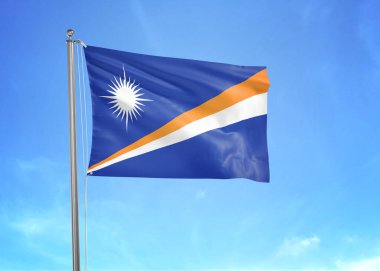 Marshall Adaları bayrağı bulutlu gökyüzünde dalgalanıyor 3D illüstrasyon