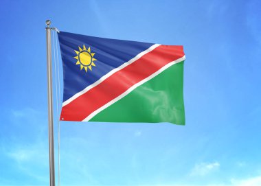 Bulutlu gökyüzünde sallanan Namibya bayrağı 3 boyutlu illüstrasyon