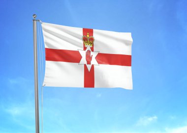 Bulutlu gökyüzünde dalgalanan Kuzey İrlanda bayrağı 3 boyutlu illüstrasyon