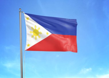 Bulutlu gökyüzünde dalgalanan Filipinler bayrağı 3 boyutlu illüstrasyon