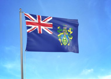 Pitcairn Adaları bayrağı bulutlu gökyüzünde dalgalanıyor 3D illüstrasyon