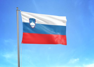 Bulutlu gökyüzünde sallanan Slovenya bayrağı 3 boyutlu illüstrasyon