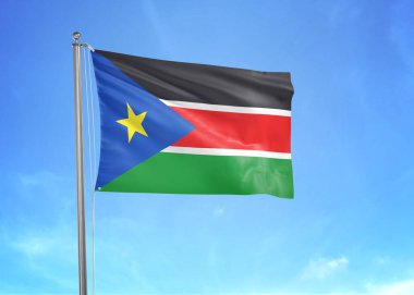 Güney Sudan bayrağı 3 boyutlu bulutlu gökyüzünde dalgalanıyor.